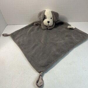 Modern Baby Gray & White Plush Dog Security Blanket Lovey Soft Satin Trim Knots